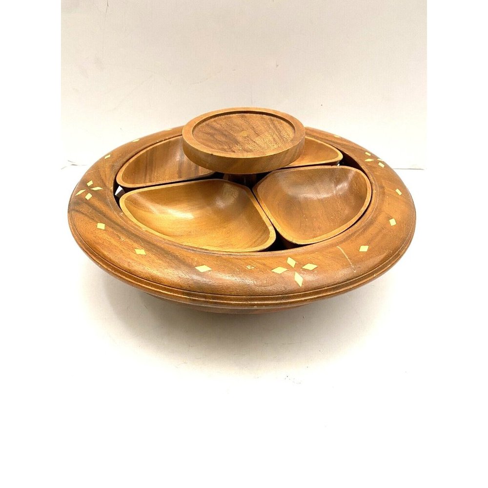 vintage MCM wooden lazy Susan with 4 removal trays with center rack, side rails